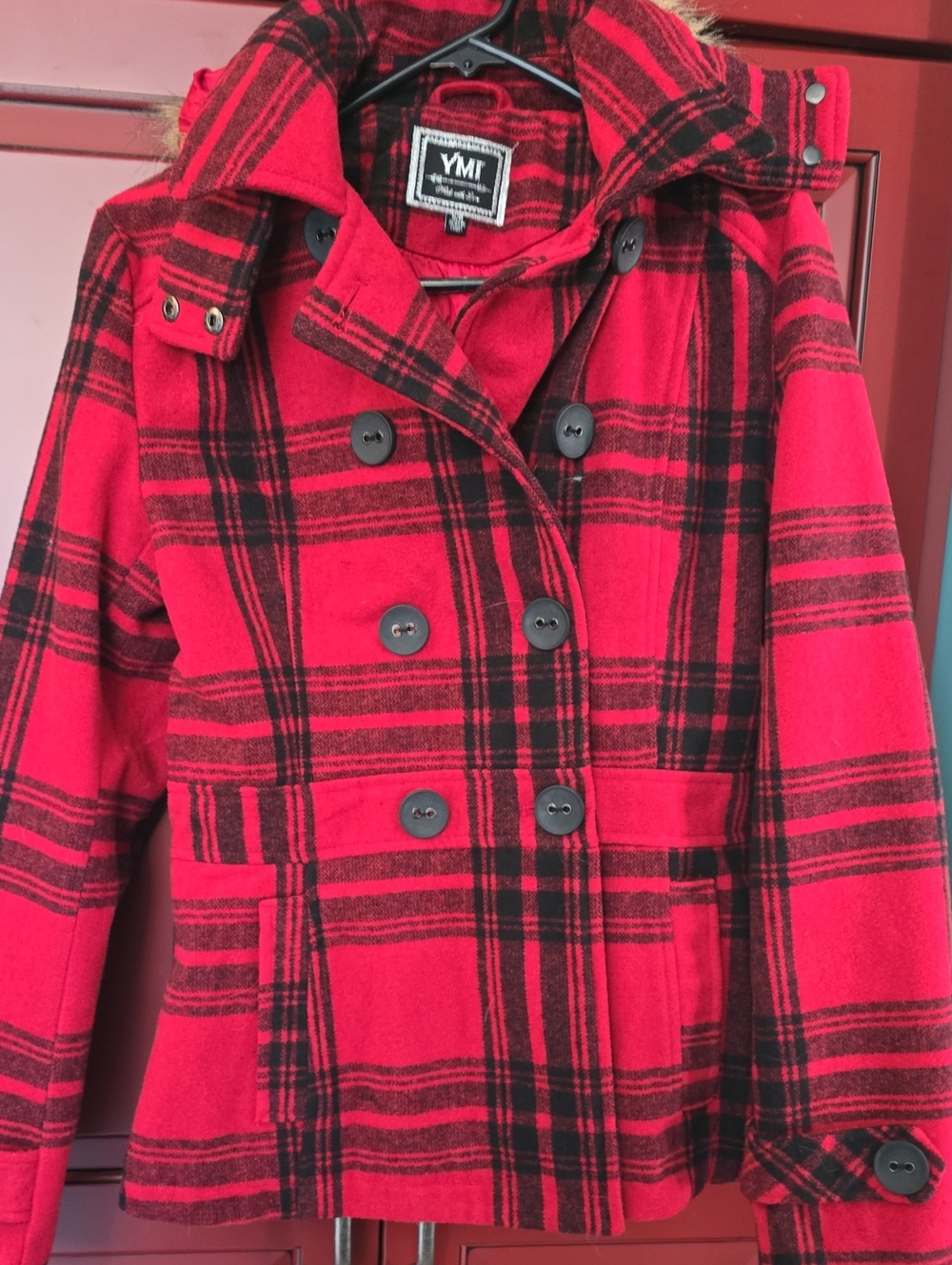YMI Red and Black Plaid Double-Breasted Pea Coat
